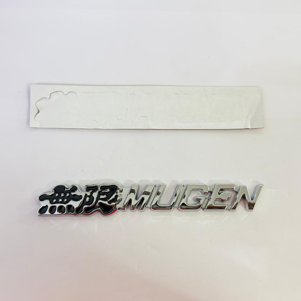 Black-Chrome Mugen 3D Metal Sticker (14cmx2cm) Car Bike Laptop Mugen Logo Car Emblem 3D Badge Attractive Sticker car Decor Sport Logo Grand Tourer Decal.