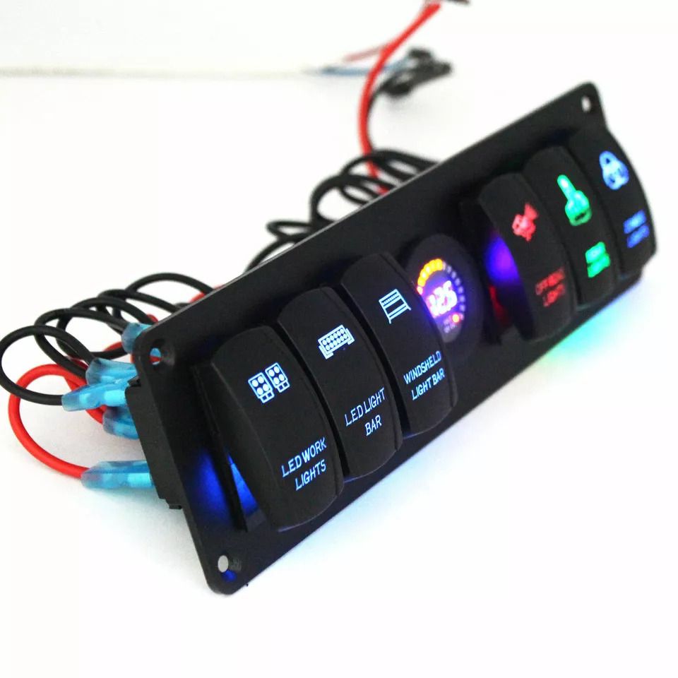 12-24V 6 Gang Waterproof Rocker Switch Panel Circuit Breaker LED Voltmeter For Car-6 Gang Rocker Switch