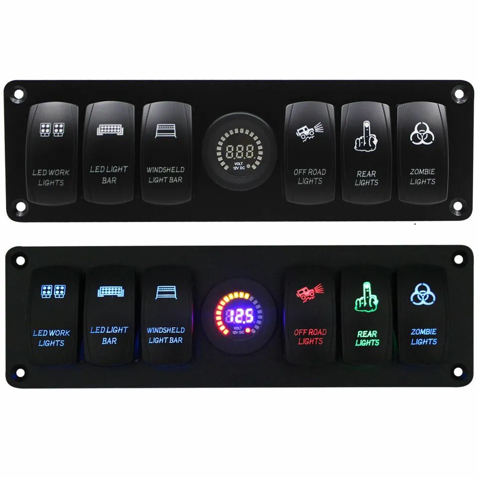 12-24V 6 Gang Waterproof Rocker Switch Panel Circuit Breaker LED Voltmeter For Car-6 Gang Rocker Switch