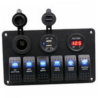 6 GANG ROCKER SWITCH PANEL CIRCUIT LED BREAKER + VOLTMETER+ 2 USB SOCKETS 6 GANG USB SWITCH for RV Car Boat Vehicle Truck Trailer Yacht Ship SUV Bus Caravan