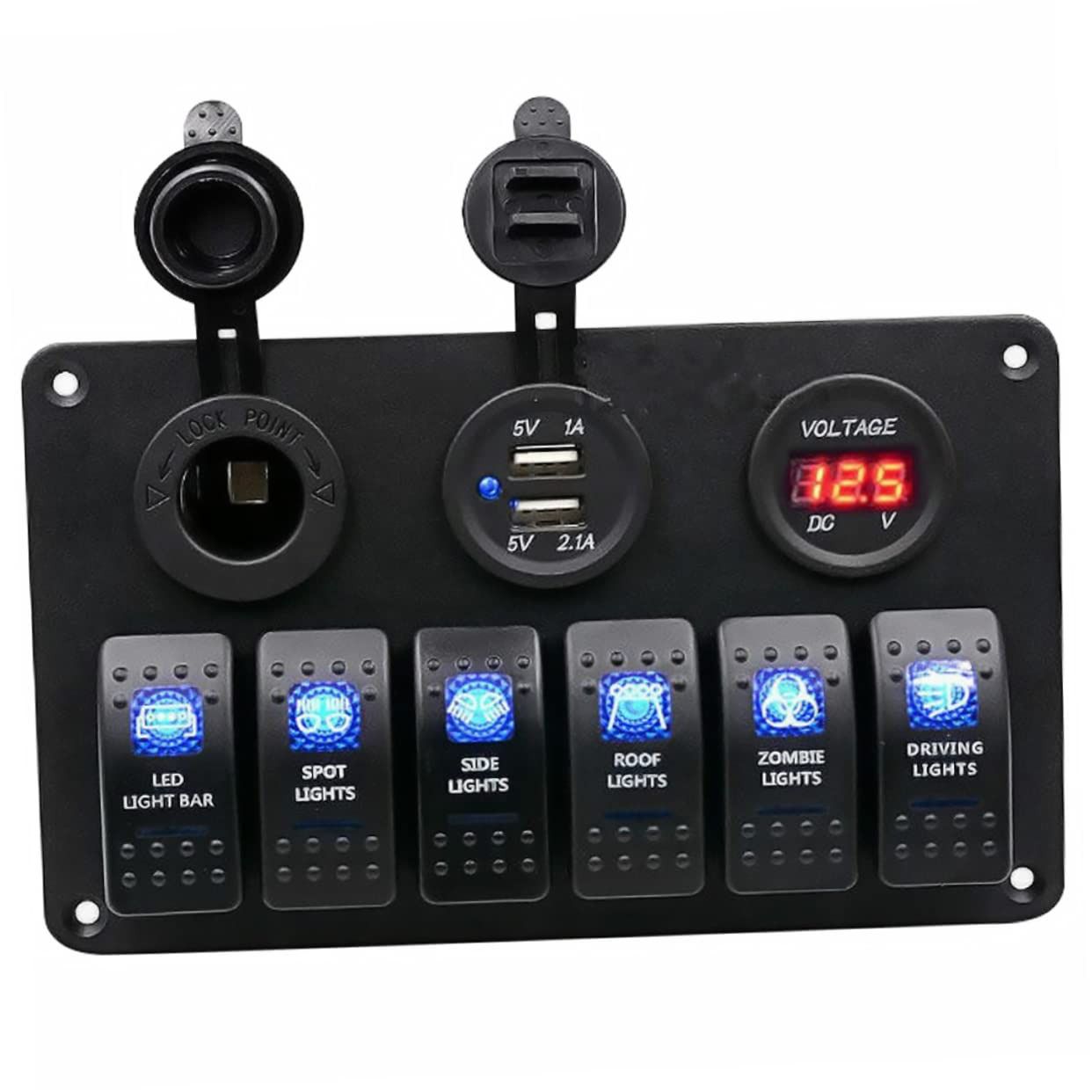 6 GANG ROCKER SWITCH PANEL CIRCUIT LED BREAKER + VOLTMETER+ 2 USB SOCKETS 6 GANG USB SWITCH for RV Car Boat Vehicle Truck Trailer Yacht Ship SUV Bus Caravan