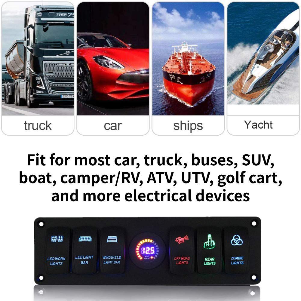 12-24V 6 Gang Waterproof Rocker Switch Panel Circuit Breaker LED Voltmeter For Car-6 Gang Rocker Switch