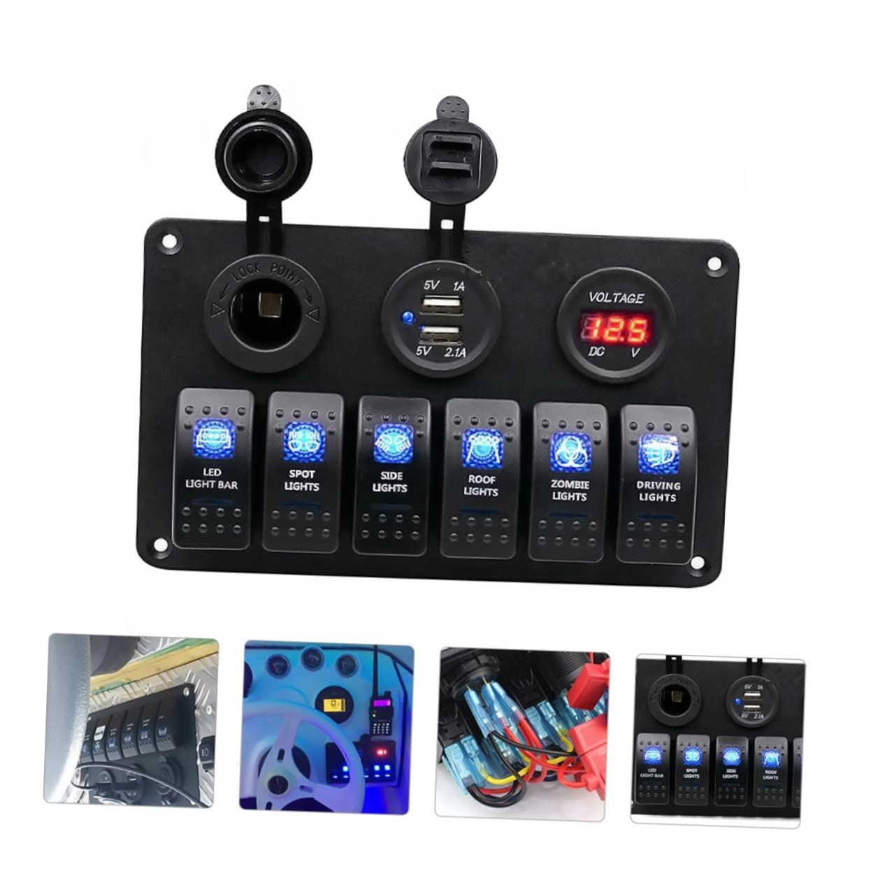 6 GANG ROCKER SWITCH PANEL CIRCUIT LED BREAKER + VOLTMETER+ 2 USB SOCKETS 6 GANG USB SWITCH for RV Car Boat Vehicle Truck Trailer Yacht Ship SUV Bus Caravan