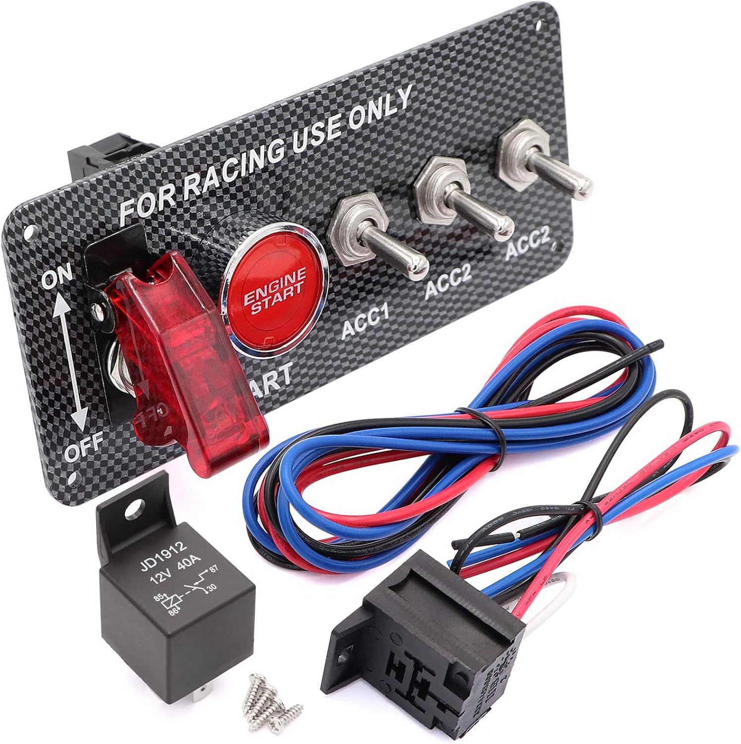 12V 5IN1 Racing Car Ignition Switch Panel with Engine Push Button Ignition Starter Switches Panel 5 in 1 Carbon Fiber Toggle Switches for RV Car Boat Yacht Ship SUV Bus Caravan