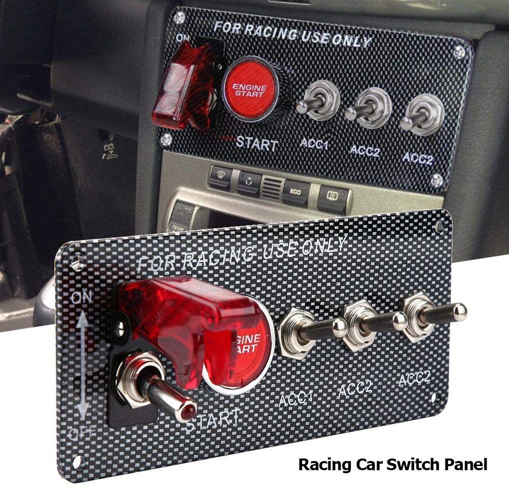 12V 5IN1 Racing Car Ignition Switch Panel with Engine Push Button Ignition Starter Switches Panel 5 in 1 Carbon Fiber Toggle Switches for RV Car Boat Yacht Ship SUV Bus Caravan