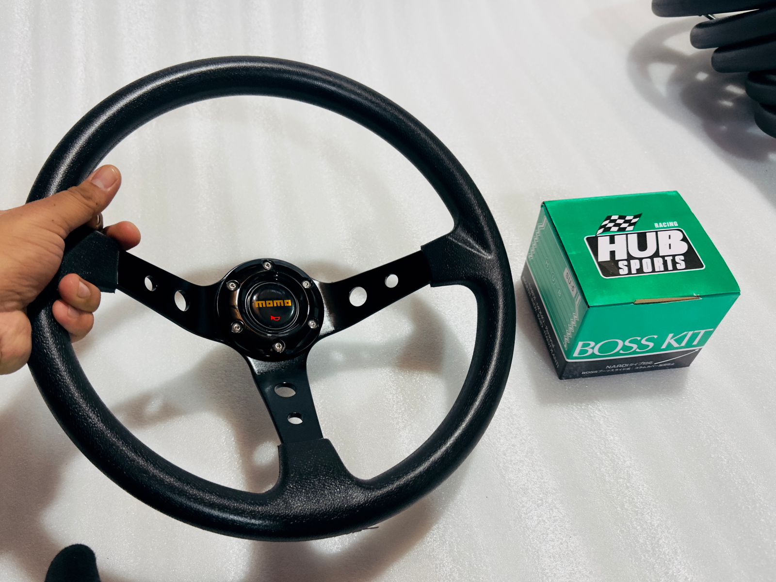 BLACK, MOMO 14INCH DEEP STEERINGS &amp; LEATHER DEEP STYLE Steerings Look Rally Race Off Road with HUB Free Universal Steering Wheel With Hub