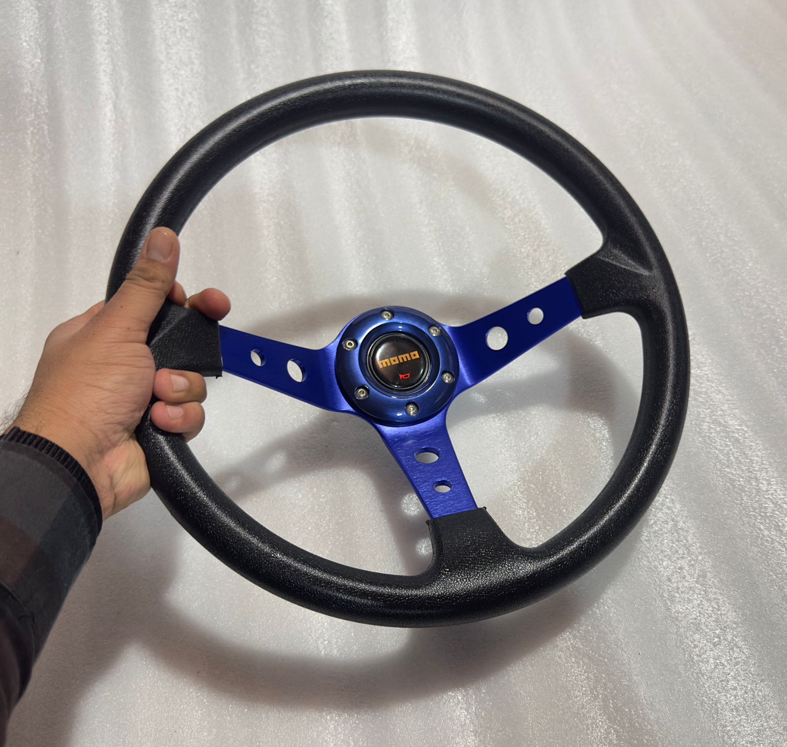 BLUE, MOMO 14INCH DEEP STEERINGS &amp; LEATHER DEEP STYLE Steerings Look Rally Race Off Road with HUB Free Universal Steering Wheel With Hub