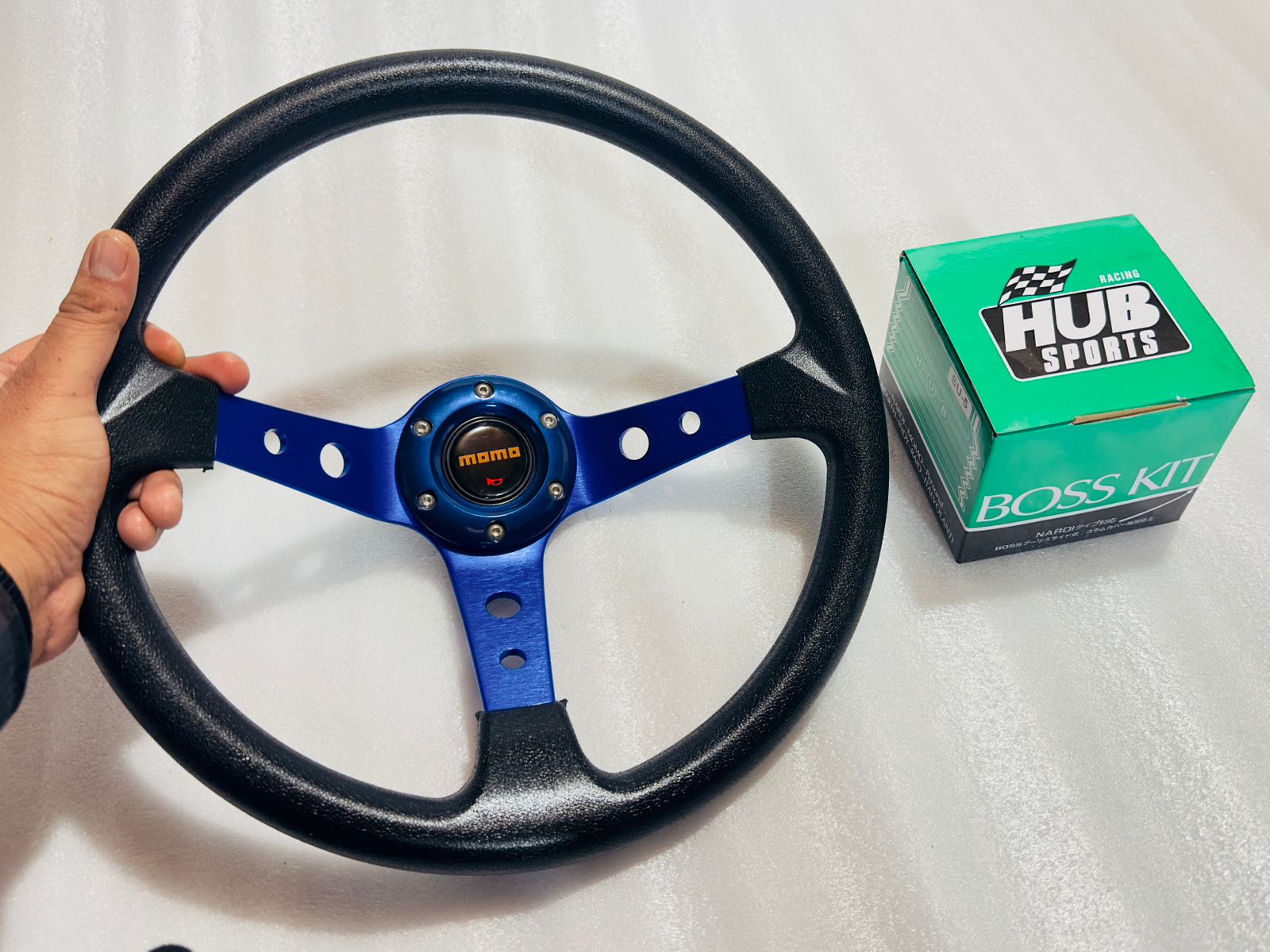 BLUE, MOMO 14INCH DEEP STEERINGS &amp; LEATHER DEEP STYLE Steerings Look Rally Race Off Road with HUB Free Universal Steering Wheel With Hub