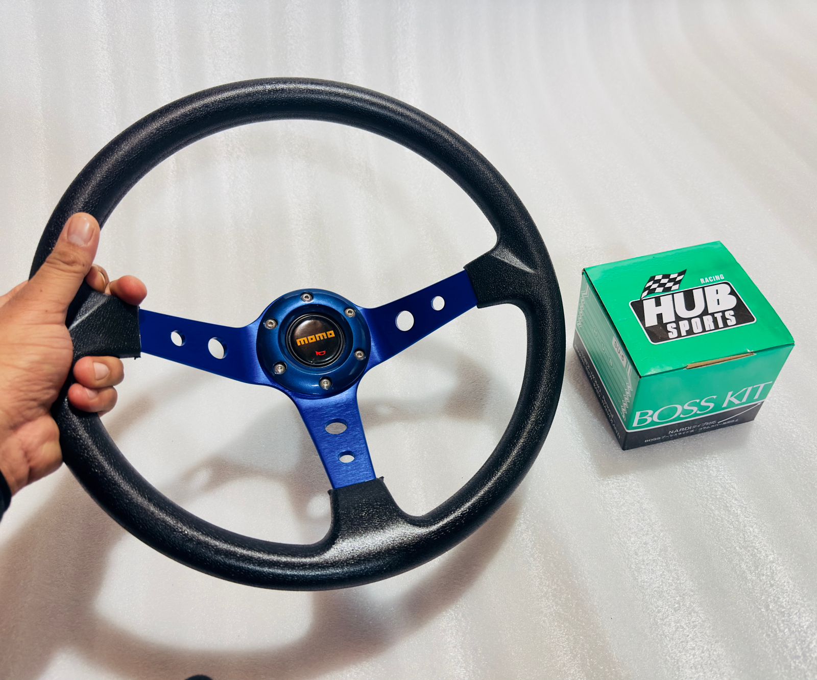 BLUE, MOMO 14INCH DEEP STEERINGS &amp; LEATHER DEEP STYLE Steerings Look Rally Race Off Road with HUB Free Universal Steering Wheel With Hub