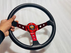 RED, MOMO 14INCH DEEP STEERINGS &amp; LEATHER DEEP STYLE Steering Look Rally Race Off Road with HUB Free Universal Steering Wheel With Hub