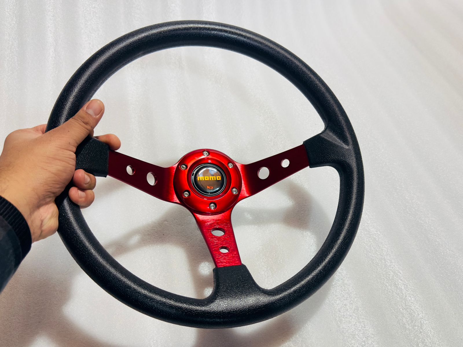 RED, MOMO 14INCH DEEP STEERINGS &amp; LEATHER DEEP STYLE Steering Look Rally Race Off Road with HUB Free Universal Steering Wheel With Hub