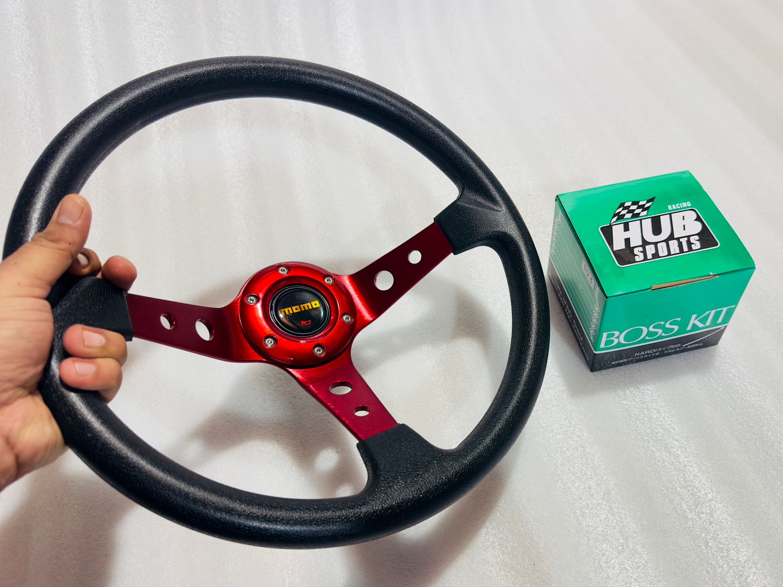 RED, MOMO 14INCH DEEP STEERINGS &amp; LEATHER DEEP STYLE Steering Look Rally Race Off Road with HUB Free Universal Steering Wheel With Hub