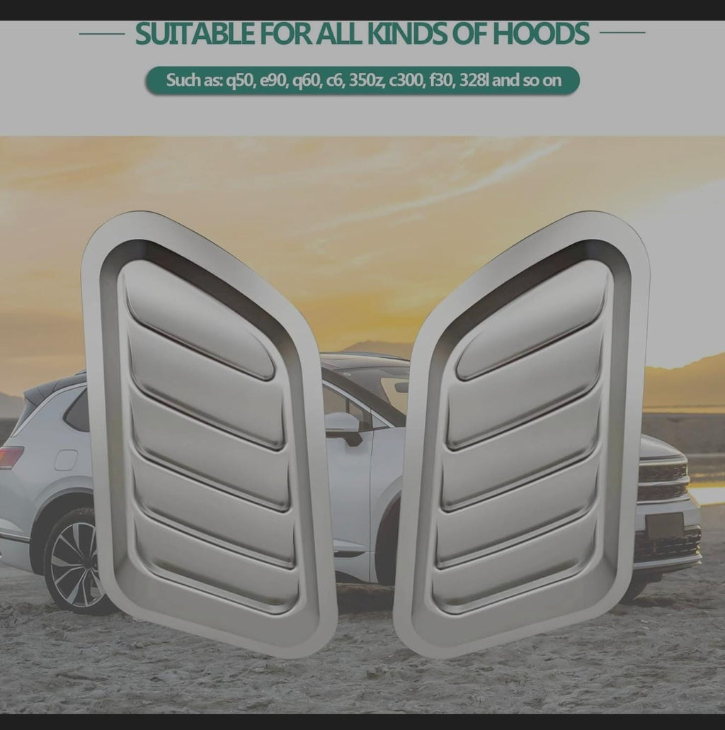 Bonnet Hood Scoop Decorative Air Flow Intake Vent Cover Universal Car Decorative Vent Cover Stickers For Decoration Big Scoop (2PC SILVER BONNET SCOOP)