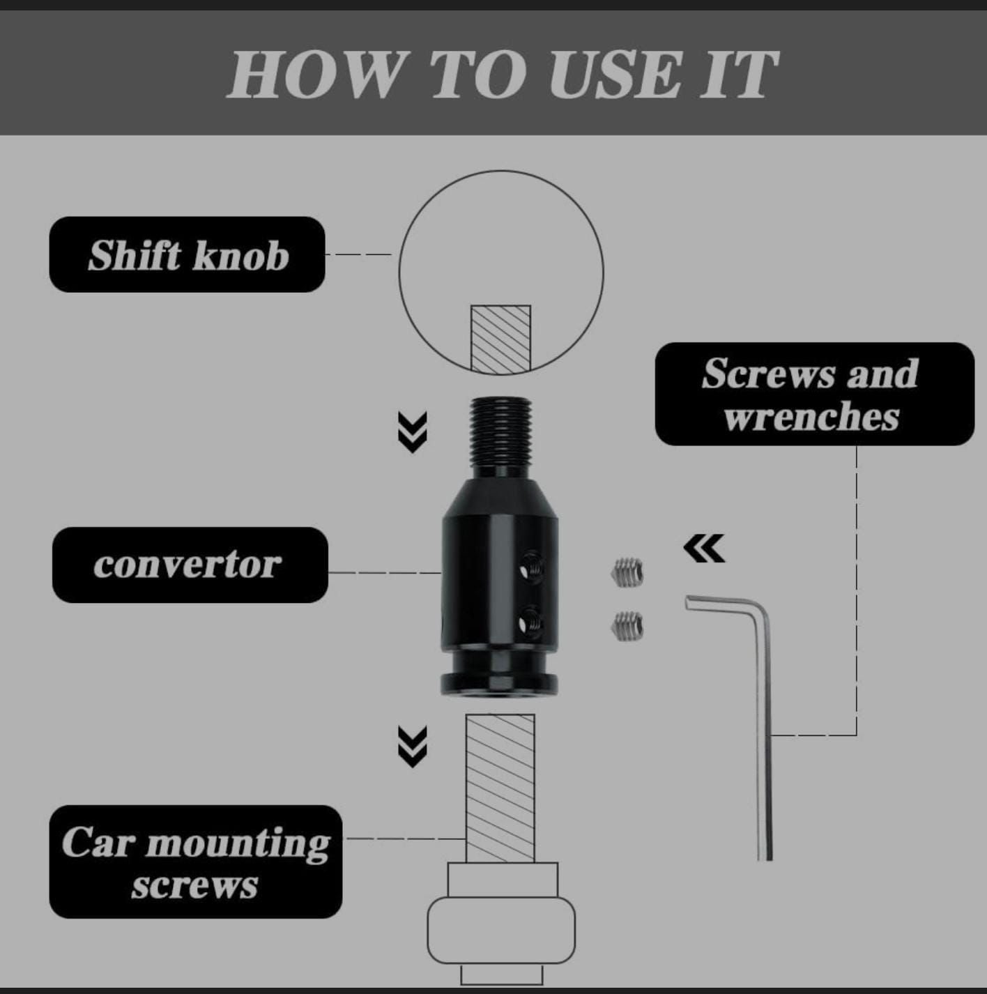 Black Universal Shift Knob Adapter, Aluminum Alloy Knob Adapter, Non Threaded Shifter with Screw Wrench Rubber Accessory for Car Universal Gear Shifter 1 PC
