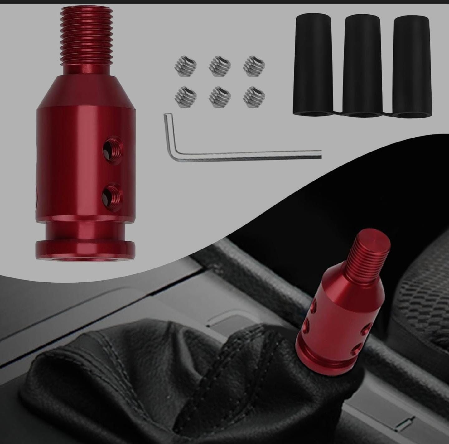 Black Universal Shift Knob Adapter, Aluminum Alloy Knob Adapter, Non Threaded Shifter with Screw Wrench Rubber Accessory for Car Universal Gear Shifter 1 PC