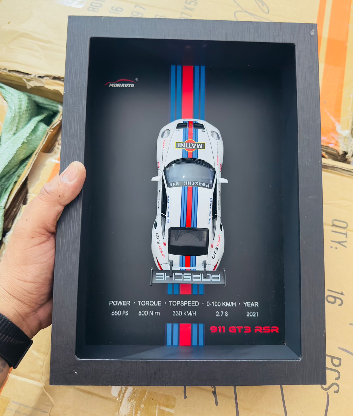 3D Diecast Model Car Frame Martini Porsche Diecast Metal Car Interactive Wall Decor with Openable Doors, Pull Back Display Car