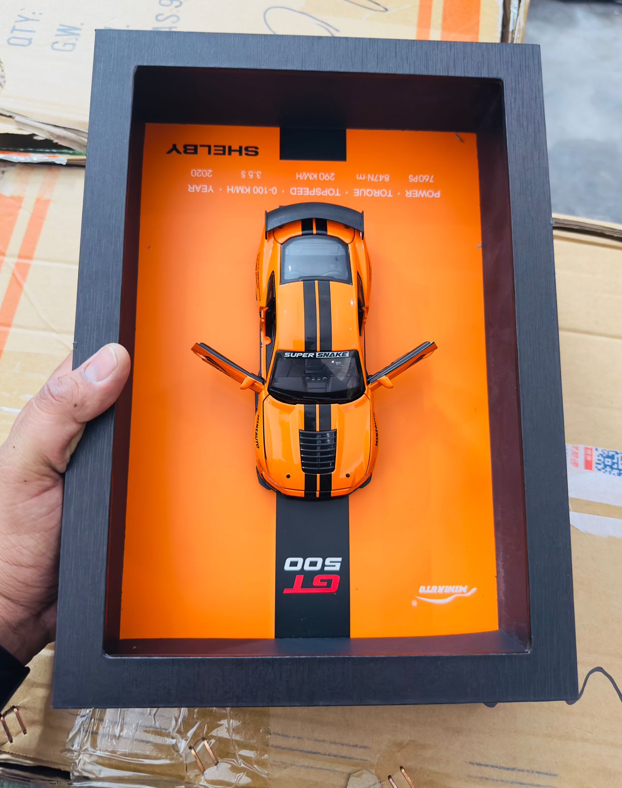 Orange 3D Diecast Model Car Frame Diecast Metal Car Interactive Wall Decor with Openable Doors, Pull Back Display Car