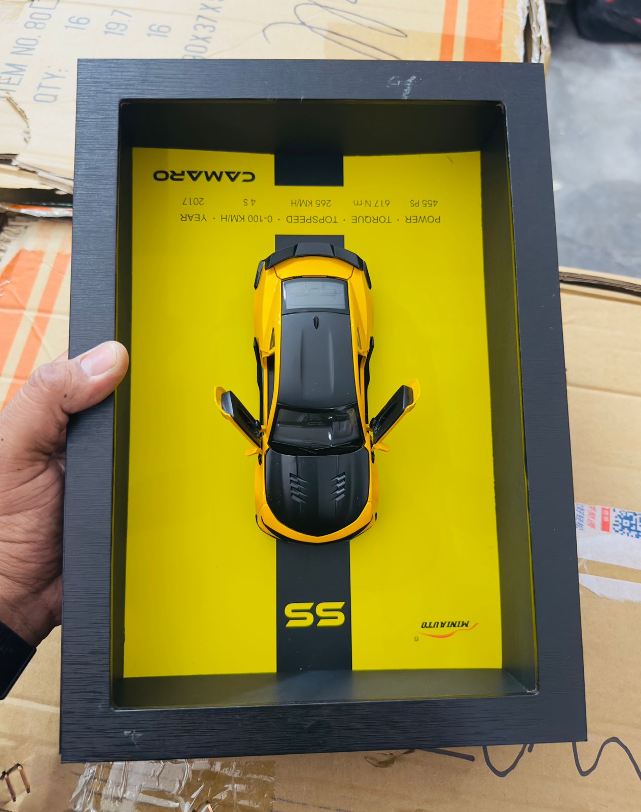 Yellow 3D Diecast Model Car Frame Diecast Metal Car Interactive Wall Decor with Openable Doors, Pull Back Display Car