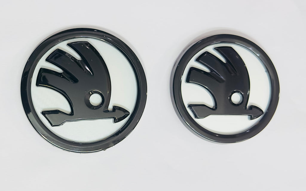 2PC Front Rear 90mm 80mm White Black S-Koda Car Bike Laptop ABS Logo Car Emblem 3D Badge Auto Racing Sport Sticker Grand Tourer Decal