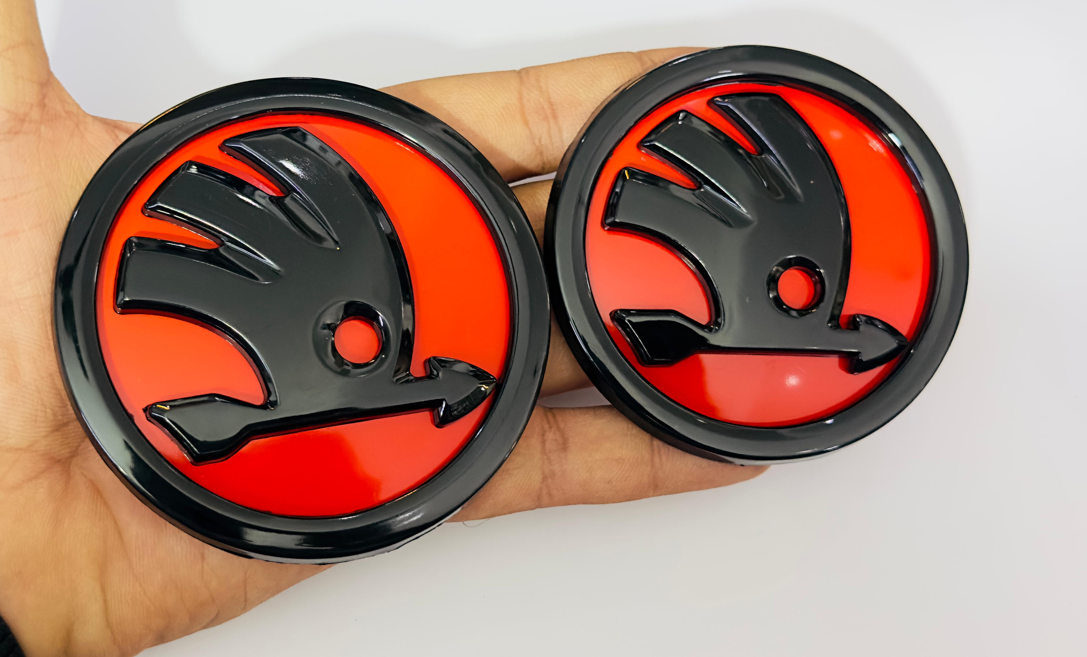 Front Rear 90mm 80mm RED Black S-Koda Car Bike Laptop ABS Logo Car Emblem 3D Badge Auto Racing Sport Sticker Grand Tourer Decal 2PC