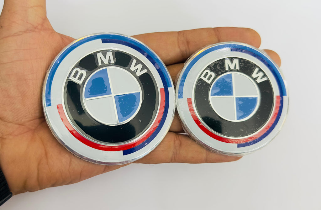 White 7pc B.M.W Logo 50th Anniversary Edition Emblem Wheel Steering Badges Set