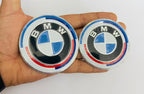 White 7pc B.M.W Logo 50th Anniversary Edition Emblem Wheel Steering Badges Set