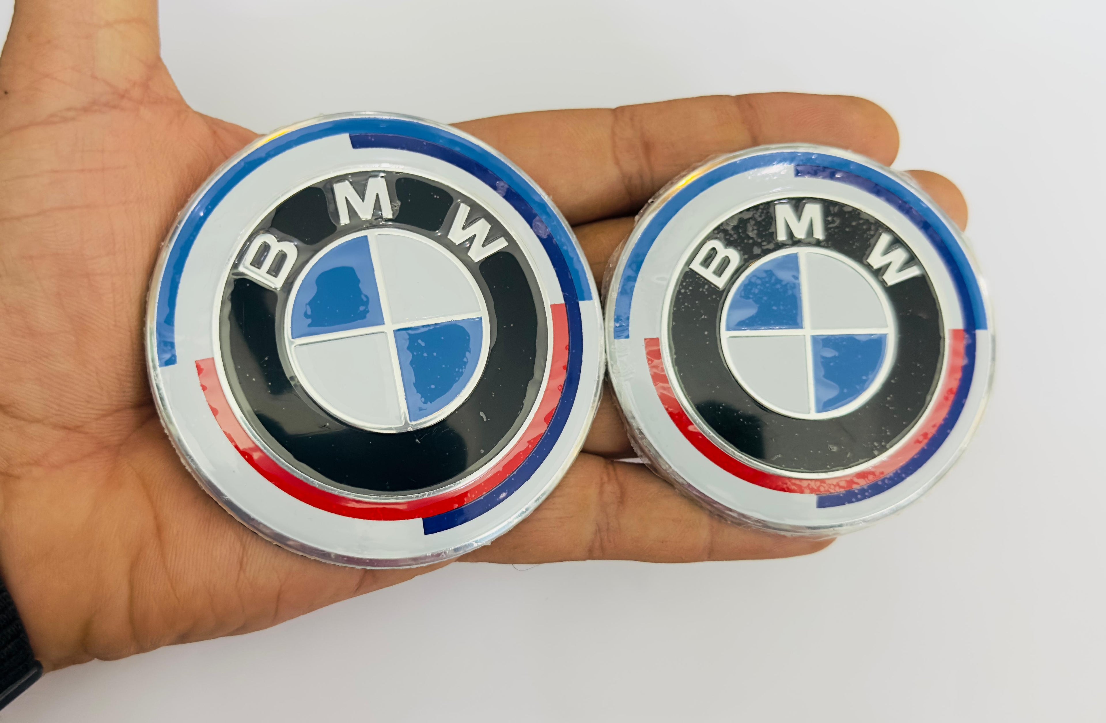 White 7pc B.M.W Logo 50th Anniversary Edition Emblem Wheel Steering Badges Set