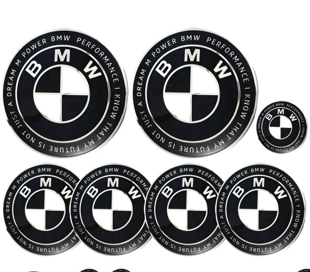BLACK 7pc B.M.W Logo 50th Anniversary Edition Emblem Wheel Steering Badges Set&nbsp;