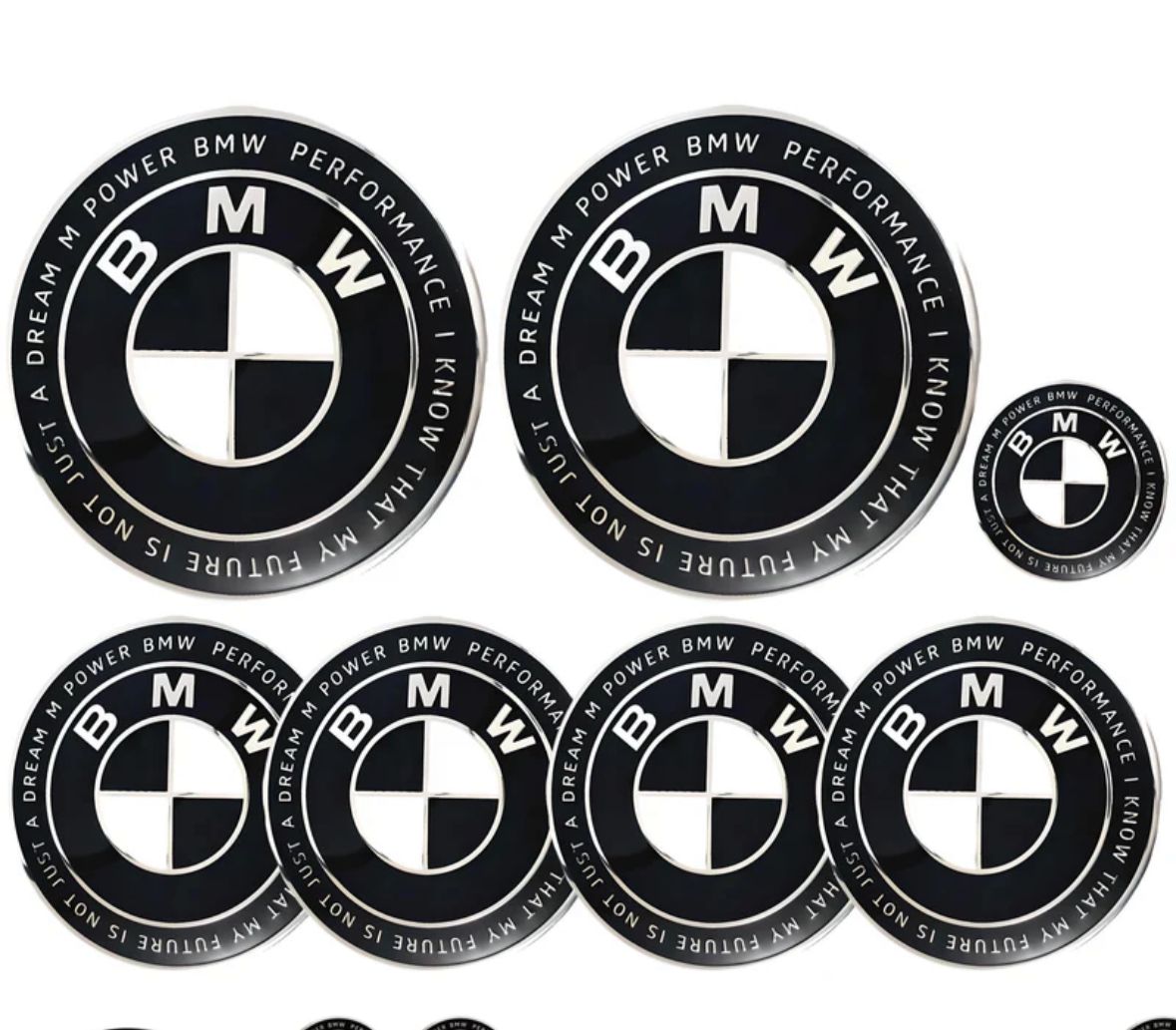 BLACK 7pc B.M.W Logo 50th Anniversary Edition Emblem Wheel Steering Badges Set&nbsp;