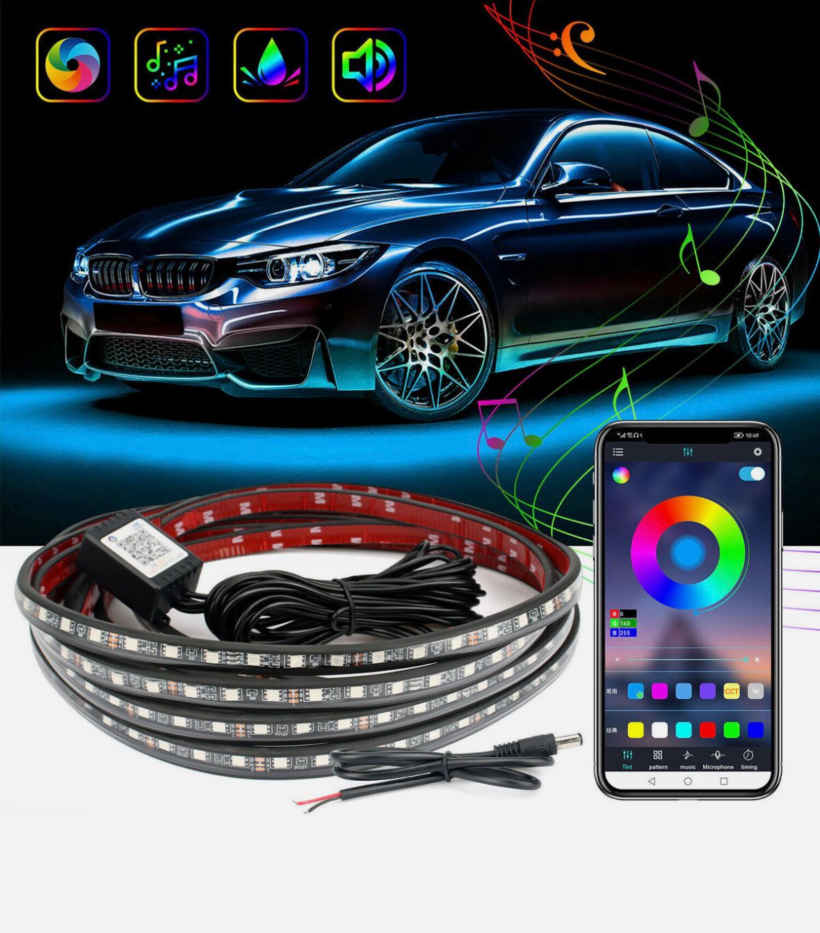 RGB Undercarbody Led Light Car High Intensity Decorative Lights Strip Underbody System Waterproof Tube Color with Active Sound Universal RGB Light with Multicolours-1PC