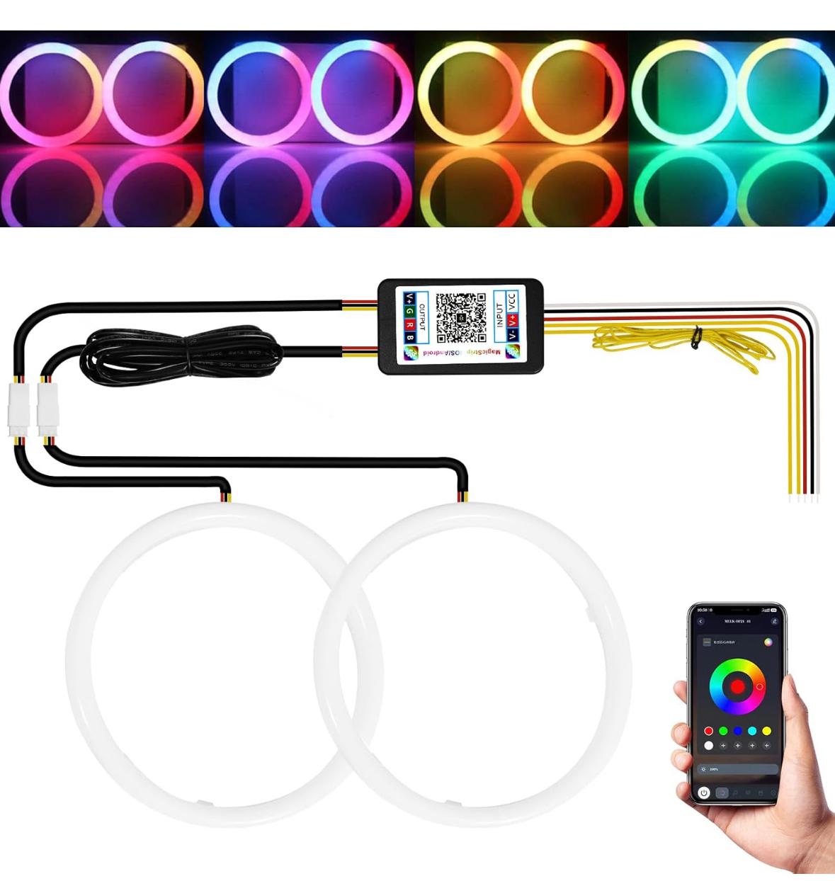95MM RGB Angel Eyes Bluetooth APP Control Halo Ring Decorative Driving Light DRL Daytime Running Light for Car & Motorcycle