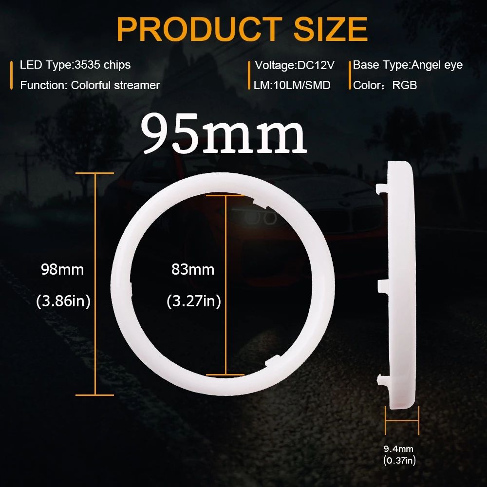 95MM RGB Angel Eyes Bluetooth APP Control Halo Ring Decorative Driving Light DRL Daytime Running Light for Car & Motorcycle