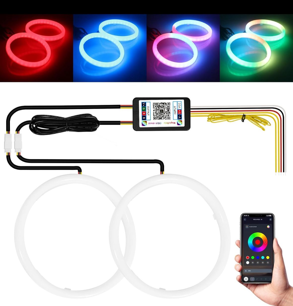 95MM RGB Angel Eyes Bluetooth APP Control Halo Ring Decorative Driving Light DRL Daytime Running Light for Car & Motorcycle
