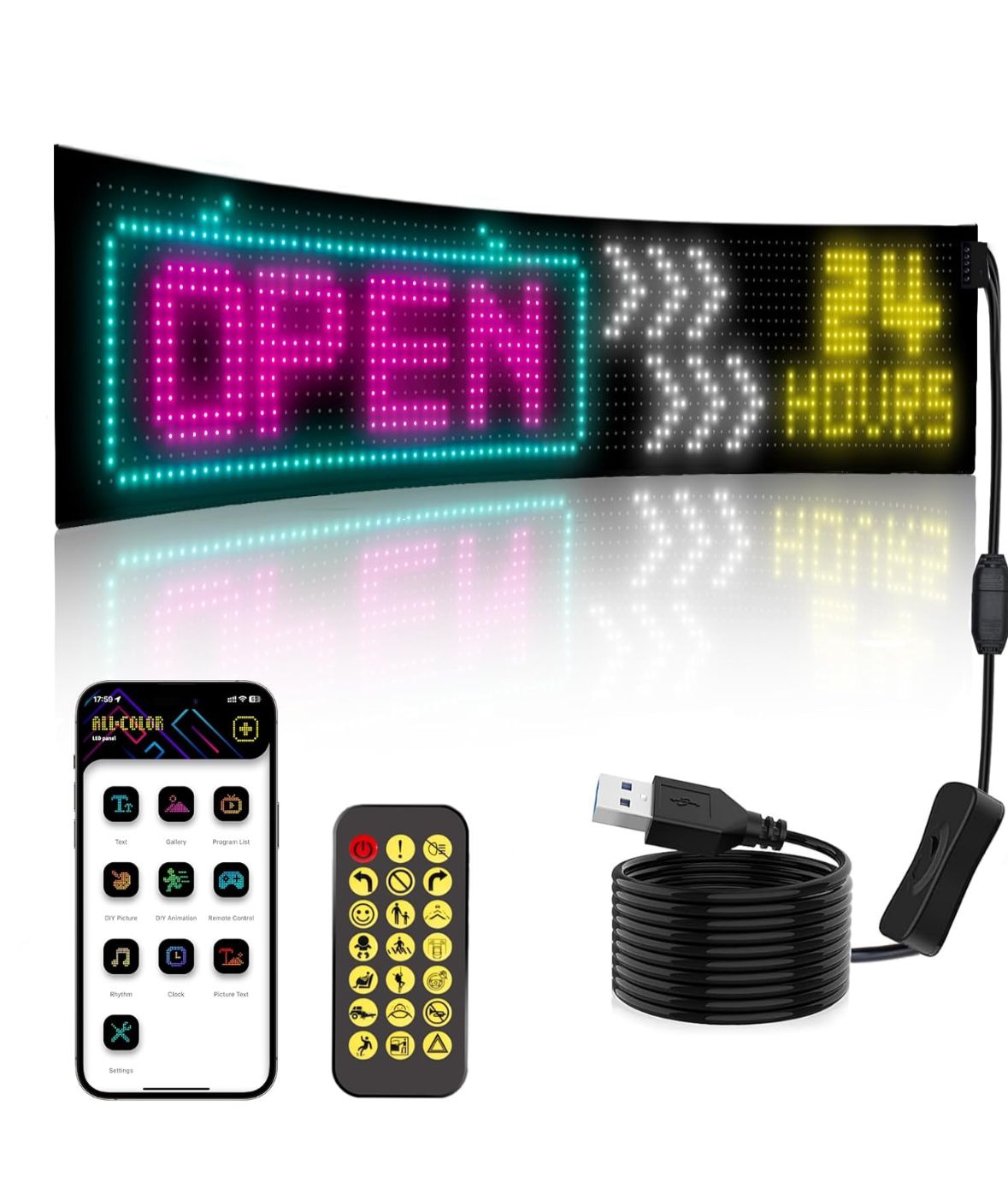 LED Flexible 20 * 64 LED Panel USB 5V Wanted Led Bluetooth Application Control 14''x4'' Display DIY Programmable LED Sign for Car Party Wedding Festival