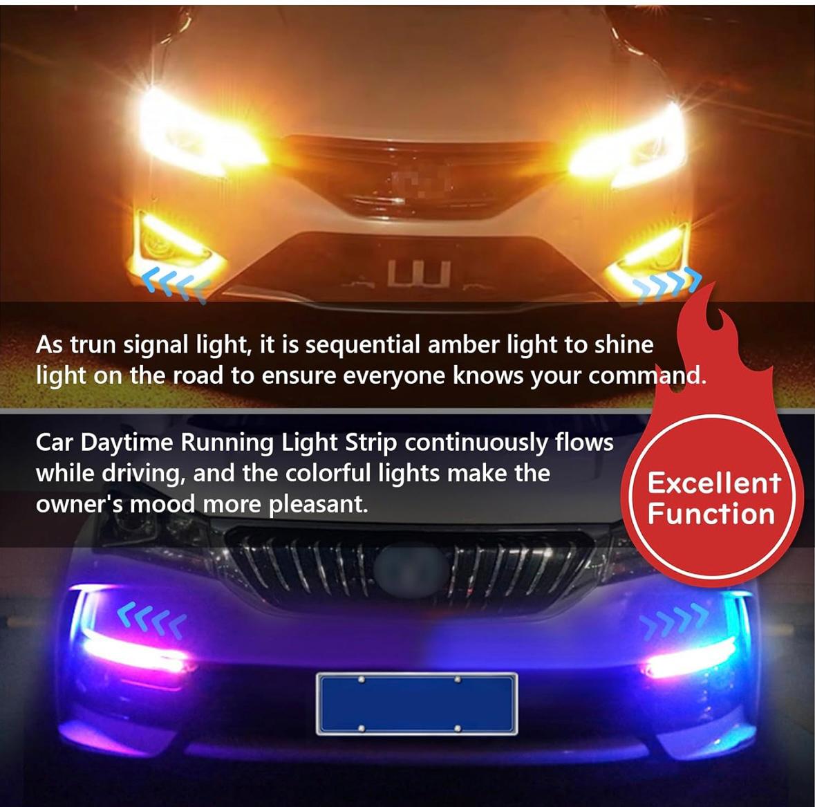 D1 RGB 2PC DRL Lights for Cars (15.5cm) Waterproof 12V LED Daytime Running Light, Sequential Turn Signal Strip, Multi-Color Headlight Accessory for All Cars.