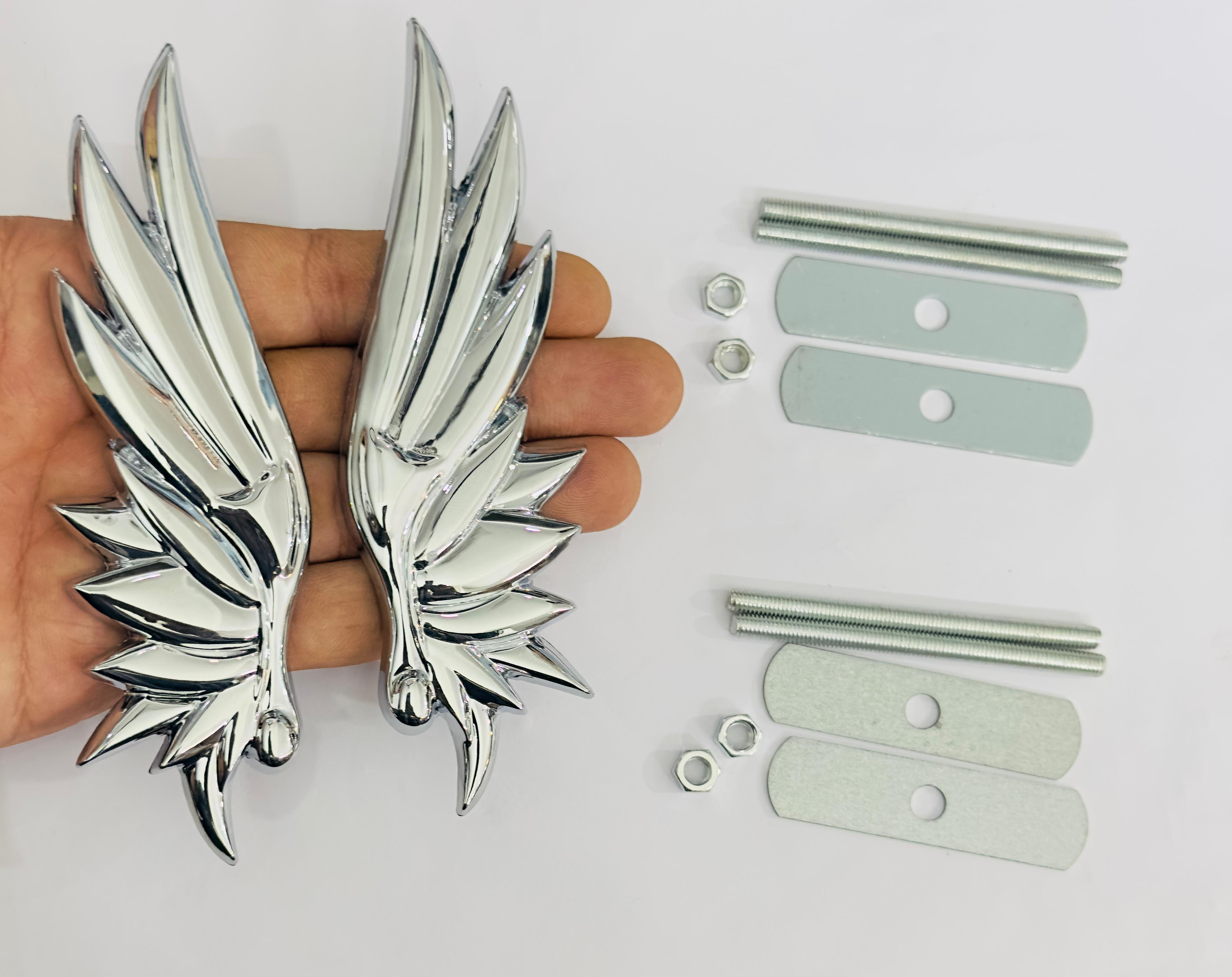 SILVER Angel Wing Big 3D Grill Logo (14cmx4.3cm) for Car Bike Laptop Emblem Decor, Angel Wing 3D Grill-Badge Universal Auto Racing Sports Logo Grand Tourer Decal Auto Accessories.