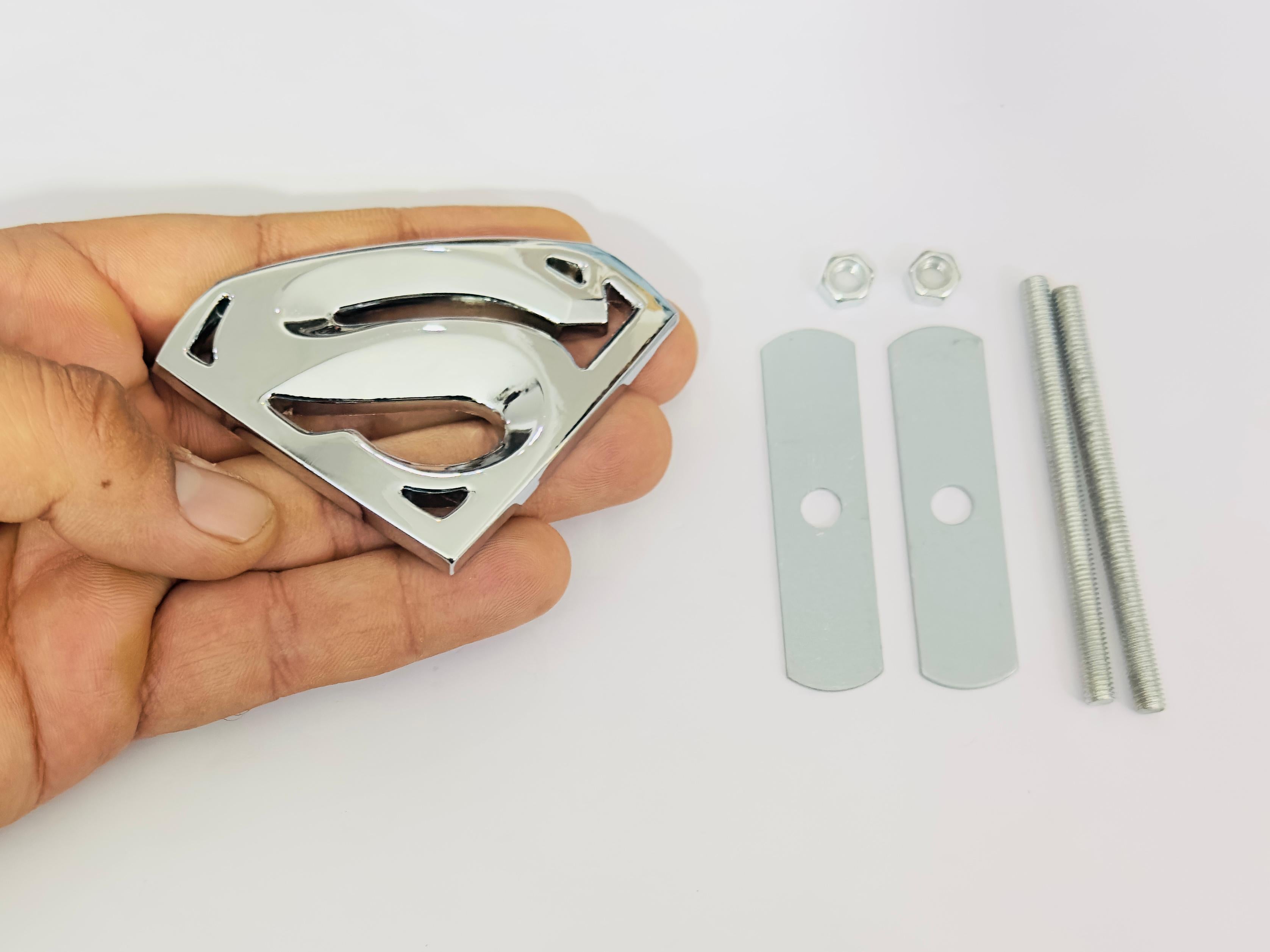 Chrome Superman 3D Grill Logo (5.5cmx8.2cm) Car Bike Laptop Attractive Superman Grill Sticker Car Emblem 3D Badge Auto Racing Sport Logo Grand Tourer Decal.