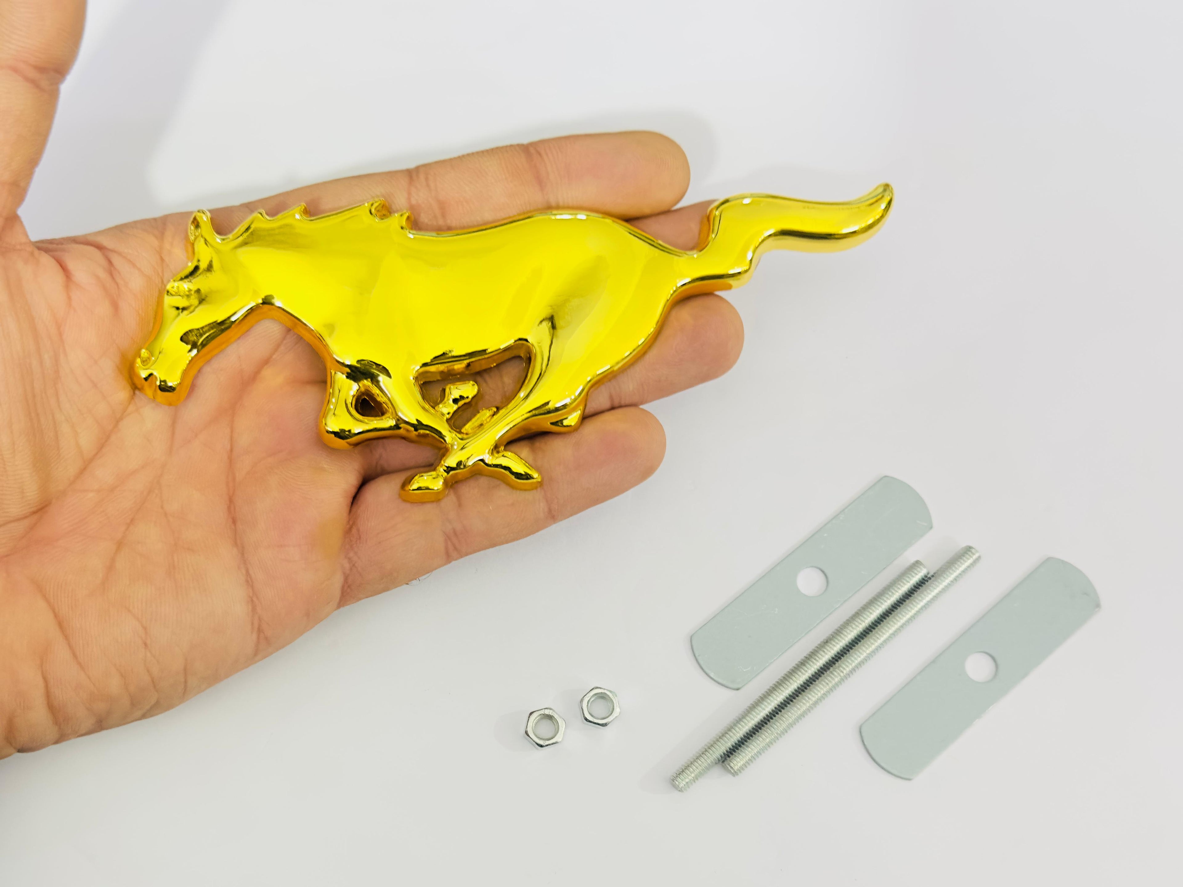 Golden Horse 3D Logo (16cmx6cm) for Car Bike Laptop Emblem, Horse Sticker 3D Badge Auto Racing Sport Logo Grand Tourer Decal Auto Accessories.
