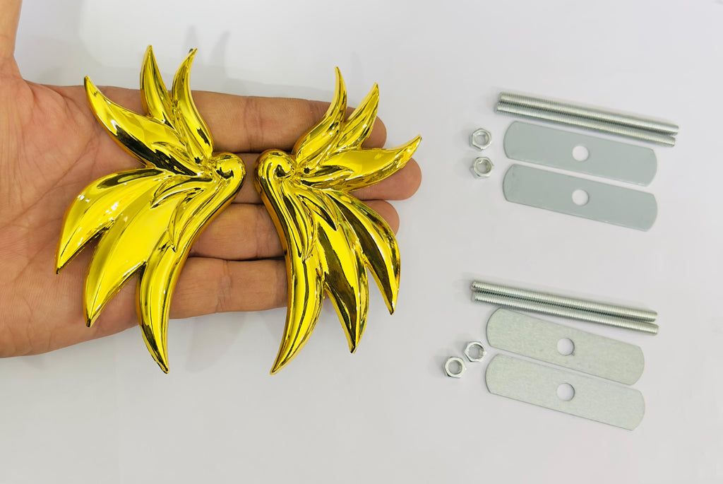 GOLDEN Angel Wing 3D Grill Logo (11.5cmx6cm) for Car Bike Laptop Emblem, Angel Wing Grill Sticker 3D-Badge Auto Racing Sports Logo Grand Tourer Decal Auto Accessories.