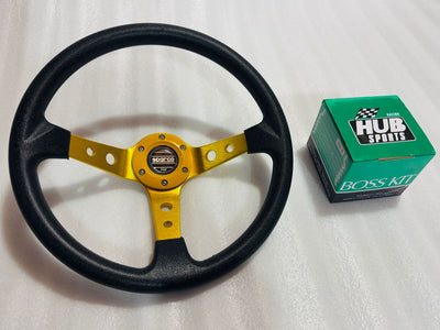 YELLOW, SPARCO 14INCH DEEP STEERING Style Universal Steering Wheel for Sports Car Look Rally Race Off Road WID BOOS KIT HUB Free-1 Piece Sparco Steering