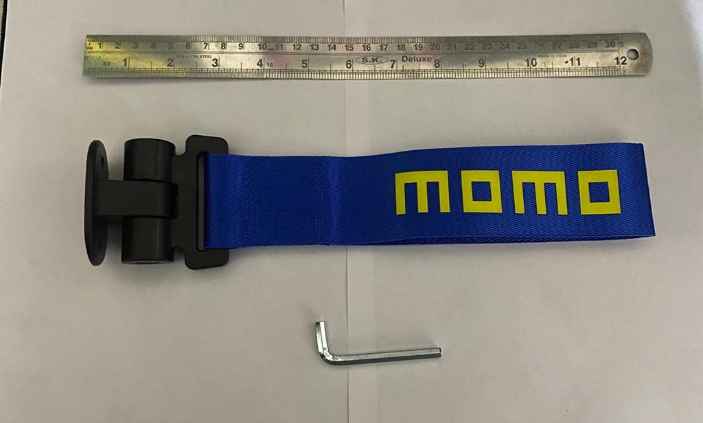 BLUE Momo Car Tow Hook Racing Style Trailer Hook Sticker Rear Tow Strap Tow Hook Towing Belt Car Bumper for Decoration Compatible with for All Vehicle Sparco Dummy Hook.