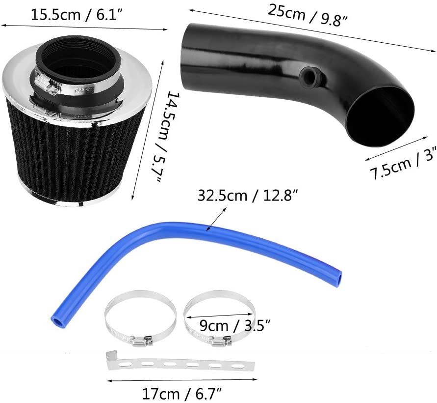 BLACK KN CAR METAL INTAKE AIR FILTER + Cold Air Intake Pipe 3Inch Universal Performance Car Cold Air Intake Turbo Filter Aluminum Air Filter Induction Flow Hose Pipe Universal Kit