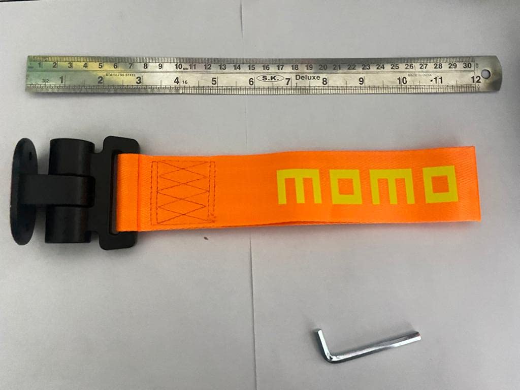 ORANGE Momo Car Tow Hook Racing Style Trailer Hook Sticker Rear Tow Strap Tow Hook Towing Belt Car Bumper for Decoration Compatible with for All Vehicle Sparco Dummy Hook.