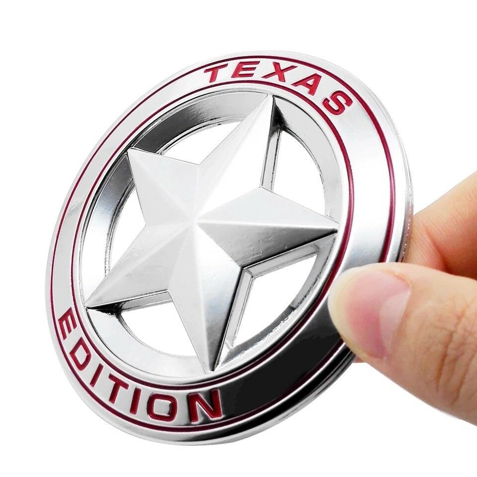 CROME-Red Star Texas Edition 3D Metal Sticker (7.5cmx7.5cm) Car Bike Laptop Texas Edition Logo Car Emblem 3D Badge Sticker Universal Auto Racing Sport Logo Grand Tourer Decal.